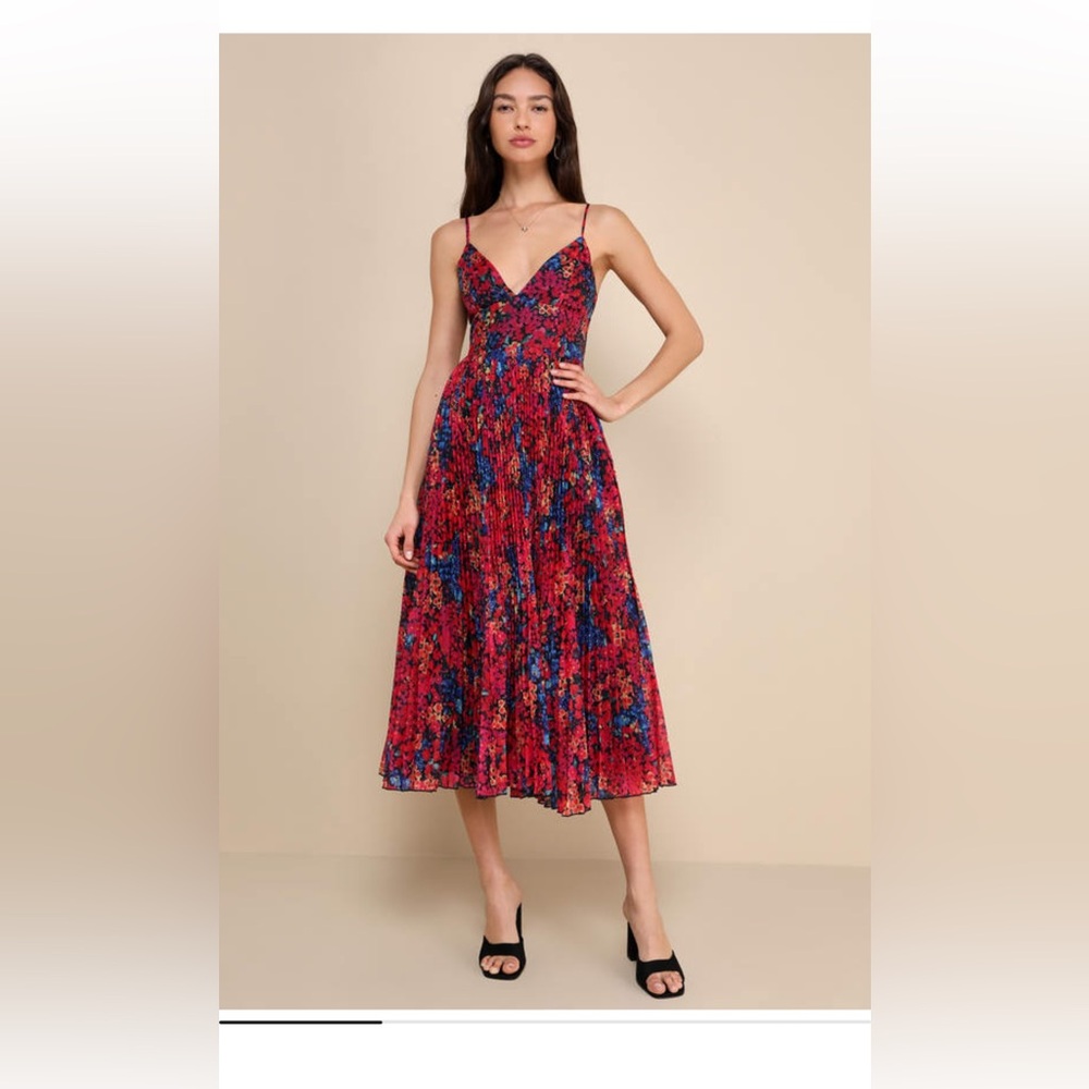 NWT Lulus Sincerely Gorgeous Black Multi Floral Pleated Midi Dress - Size XL